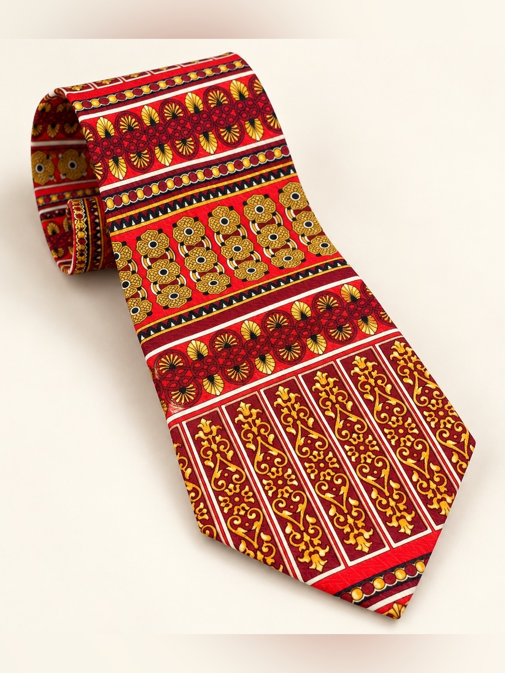 Vintage Gianni Versace Silk Tie Red Gold Baroque Floral Print 58"